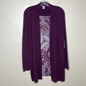 CHICO’S Cardigan Sweater Plum & Paisley Print Open Front SWEET SHIRAZ NWT 12
